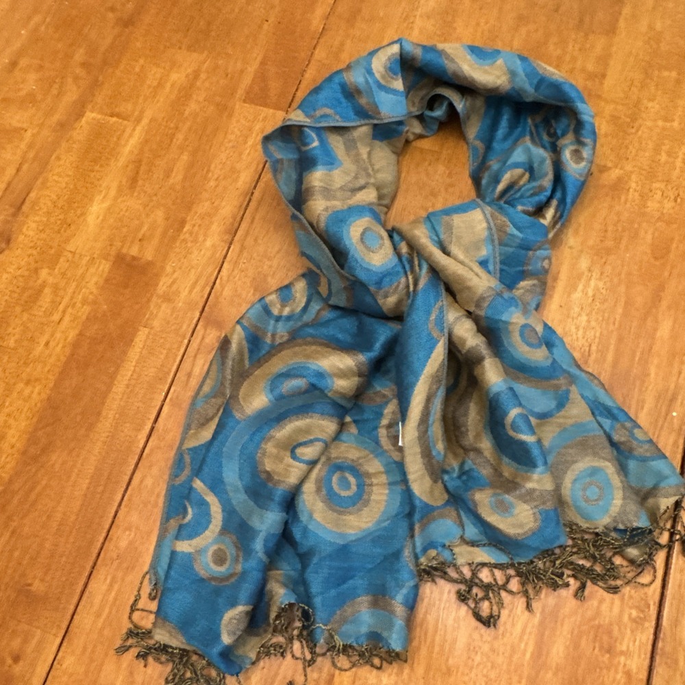 Pashmina Rectangle Shawl Wrap Scarf Turquoise Kaki Geometric 68x26 Fringe